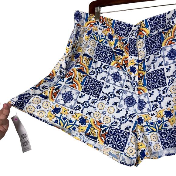 Never Fully Dressed Amalfi Tile Print High Rise Shorts Blue Yellow Boho Size 18 - Picture 4 of 10